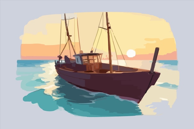 Vector un dibujo de un barco con una puesta de sol en el fondo