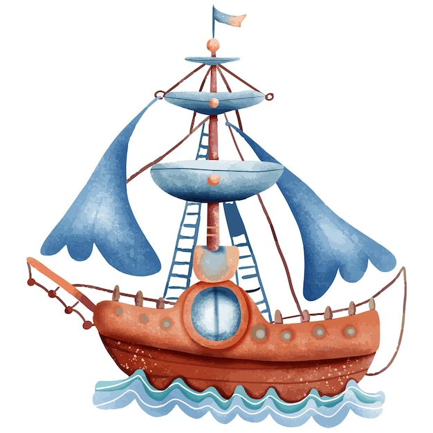 un dibujo de un barco con una vela azul y las palabras el barco en él