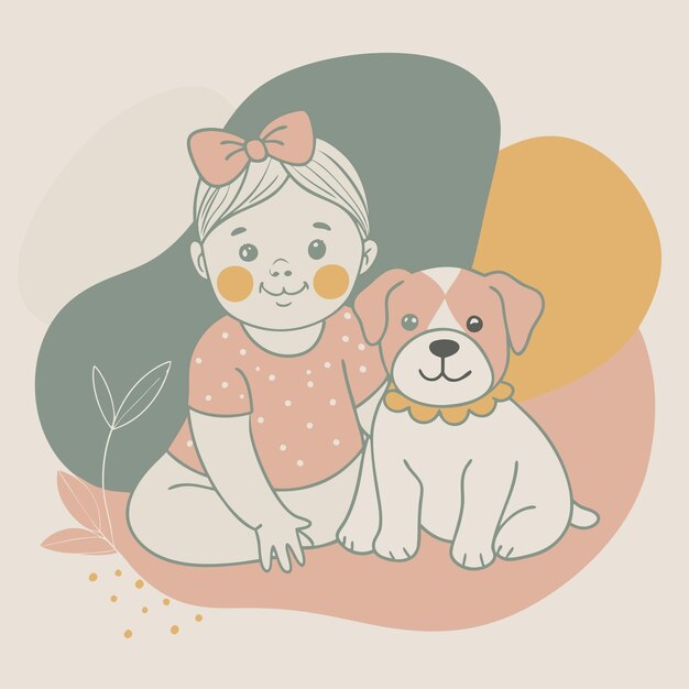 un dibujo de un bebé y un perro con un arco amarillo en el cuello