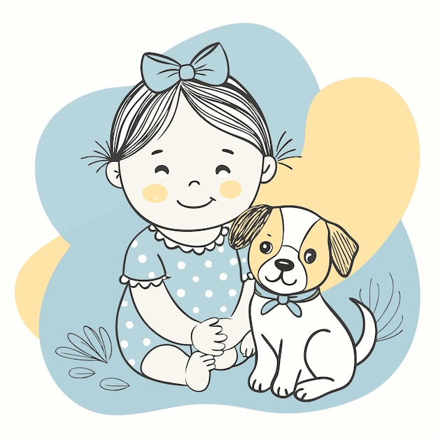 un dibujo de un bebé y un perro con un fondo amarillo