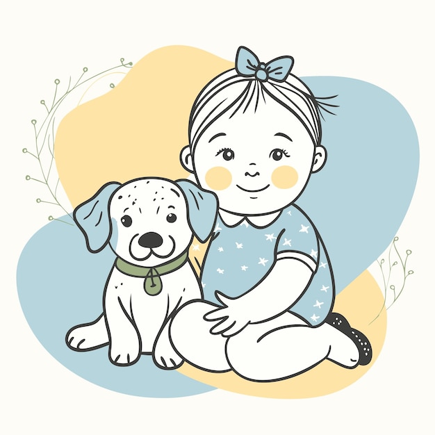 un dibujo de un bebé y un perro con un fondo azul