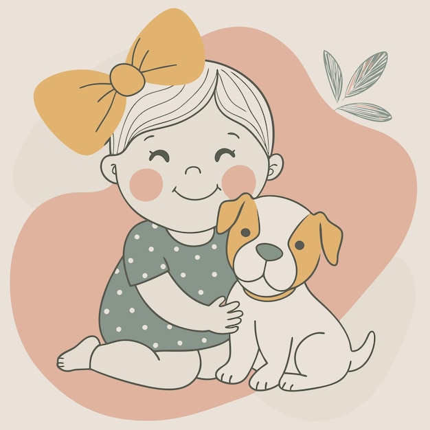 un dibujo de un bebé y un perro con un fondo rosa