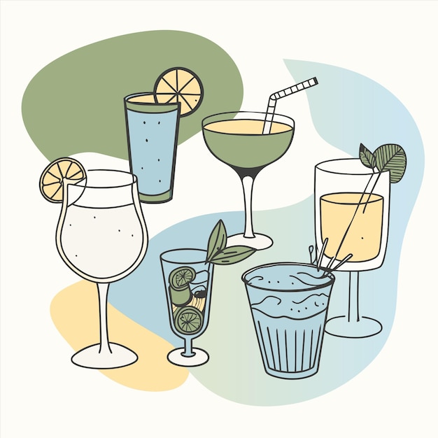 un dibujo de bebidas y cócteles con una bebida en la parte superior