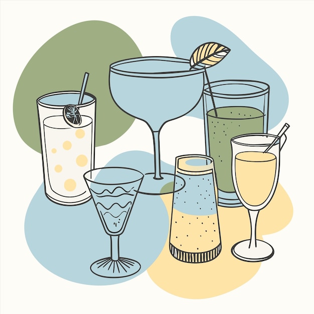 un dibujo de bebidas incluyendo un vaso con una limonada y una cuña de limón