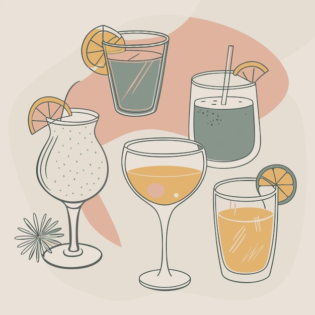 un dibujo de bebidas que incluye una bebida y un vaso con una limonada