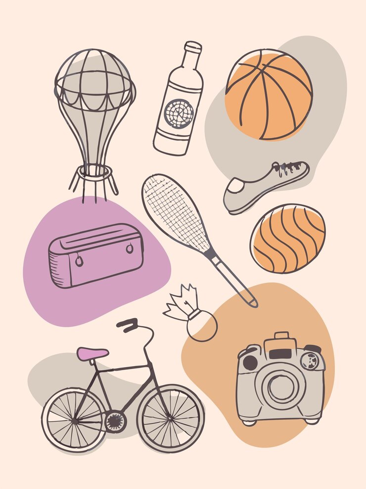 un dibujo de una bicicleta y una imagen de una canasta con una imagen de un balón de tenis y una cámara