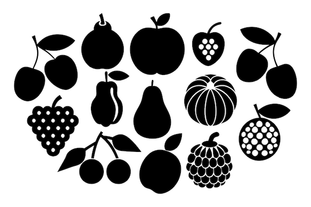 Dibujo en blanco y negro de alta calidad de varias siluetas de frutas Colección impresionante de frutas