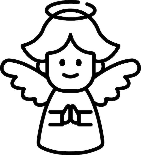 Un dibujo en blanco y negro de un ángel sonriente con alas