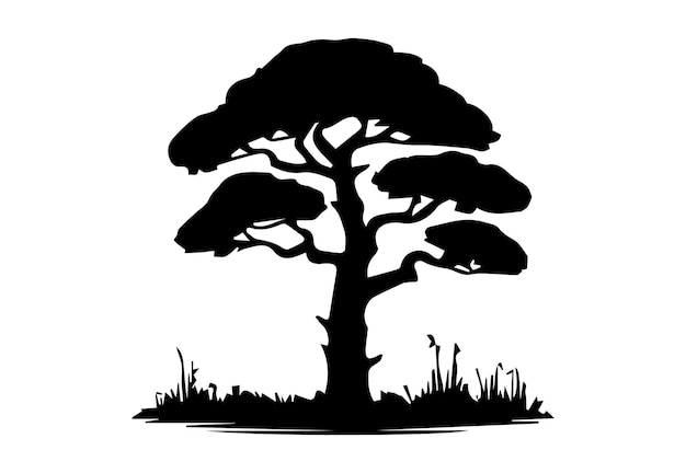 un dibujo en blanco y negro de un árbol y un campo de hierba