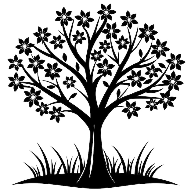 un dibujo en blanco y negro de un árbol con flores y hierba