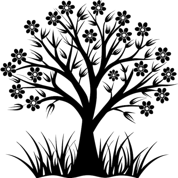 un dibujo en blanco y negro de un árbol con flores y hierba