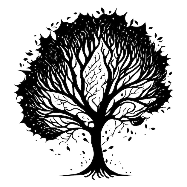 Vector un dibujo en blanco y negro de un árbol con hojas.