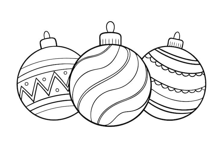 Vector un dibujo en blanco y negro de un árbol de navidad y bolas