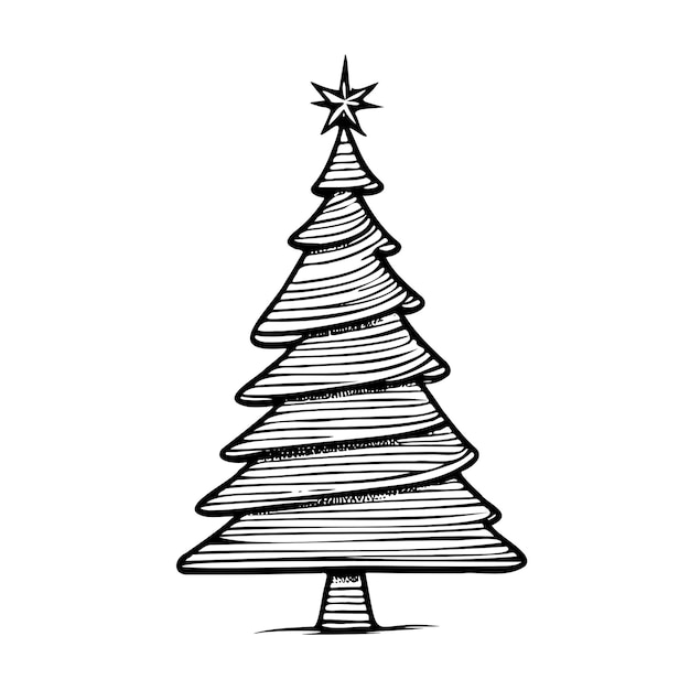 Dibujo en blanco y negro de un árbol de Navidad con una estrella en la parte superior