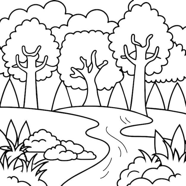un dibujo en blanco y negro de árboles y hierba con árboles en el fondo