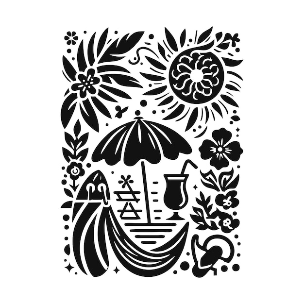 Vector un dibujo en blanco y negro de un barco con una botella de vino y flores