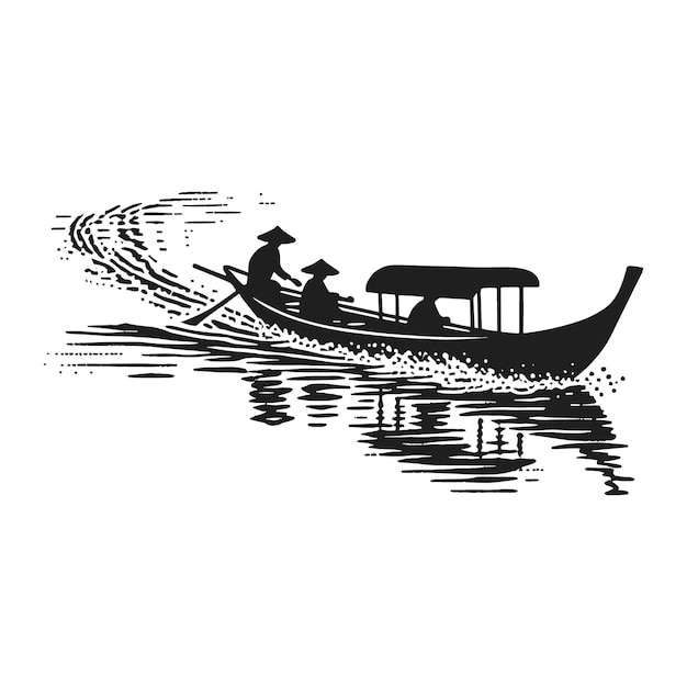 un dibujo en blanco y negro de un barco con una persona en él
