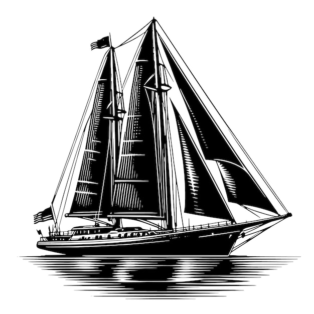 Vector un dibujo en blanco y negro de un barco con una vela negra