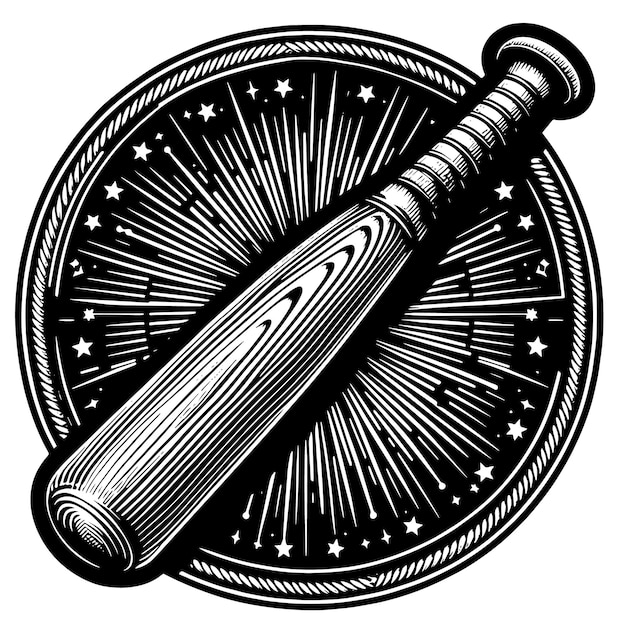 Vector un dibujo en blanco y negro de un bate de béisbol con las palabras la palabra en él