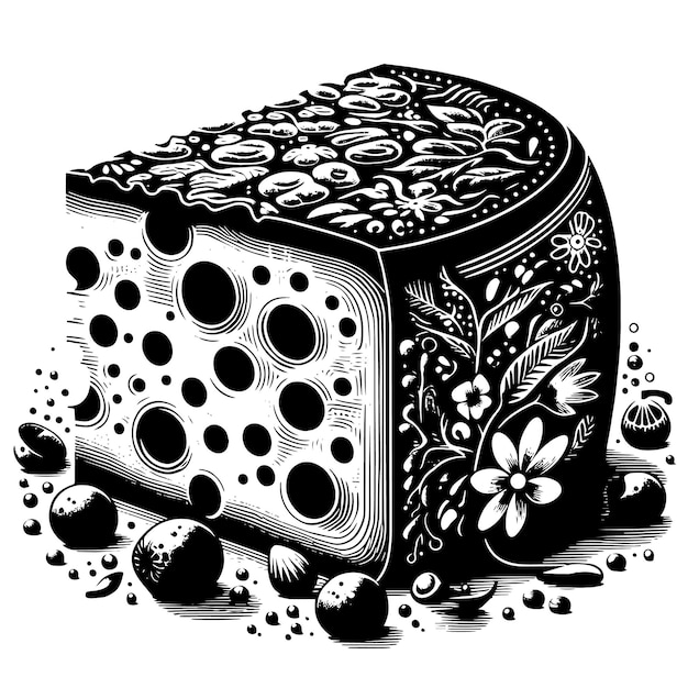 Un dibujo en blanco y negro de un bloque de queso con flores y hojas