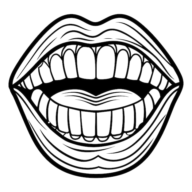 un dibujo en blanco y negro de una boca con una boca llena de dientes