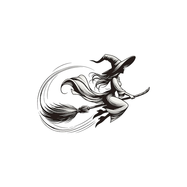 un dibujo en blanco y negro de una bruja volando en una ilustración vectorial de una escoba