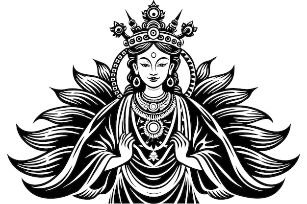 un dibujo en blanco y negro de un Buda con una corona en él