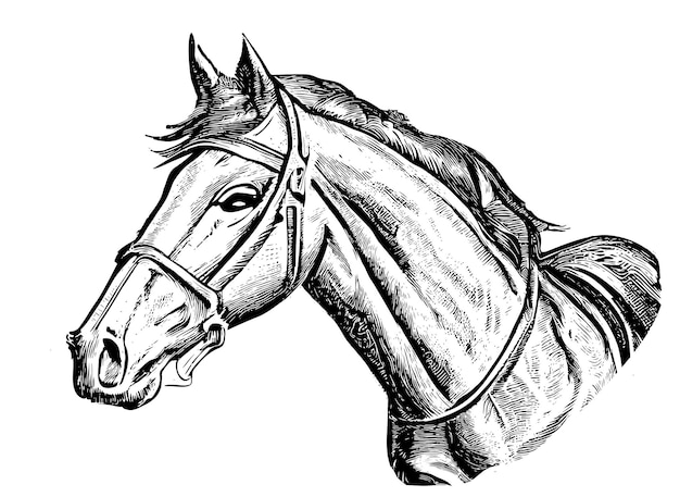 Un dibujo en blanco y negro de una cabeza de caballo.