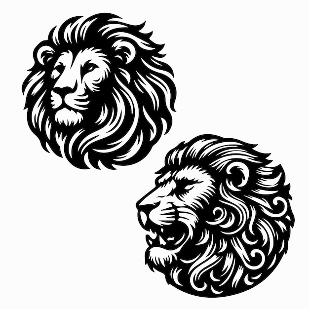 un dibujo en blanco y negro de una cabeza de león y una cabeza de un león