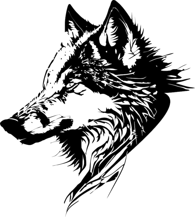 Vector un dibujo en blanco y negro de una cabeza de lobo.