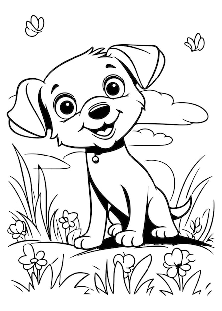 Un dibujo en blanco y negro de un cachorro en un campo de flores.