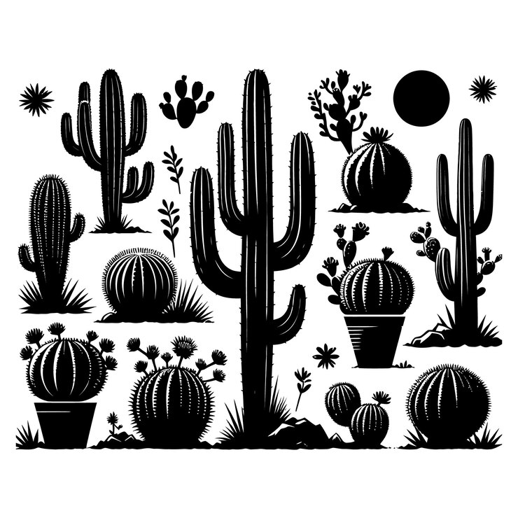 un dibujo en blanco y negro de cactus y cactus