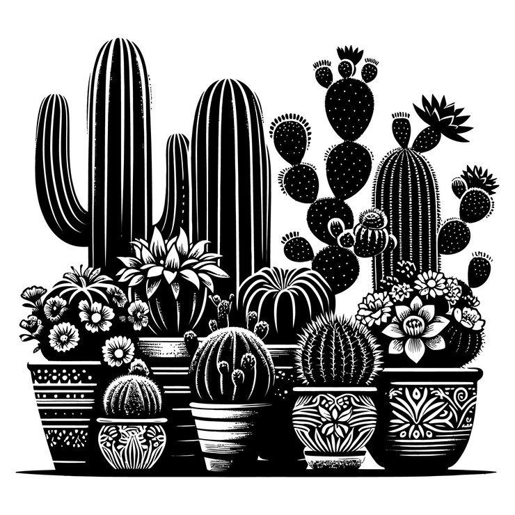 un dibujo en blanco y negro de un cactus y cactus