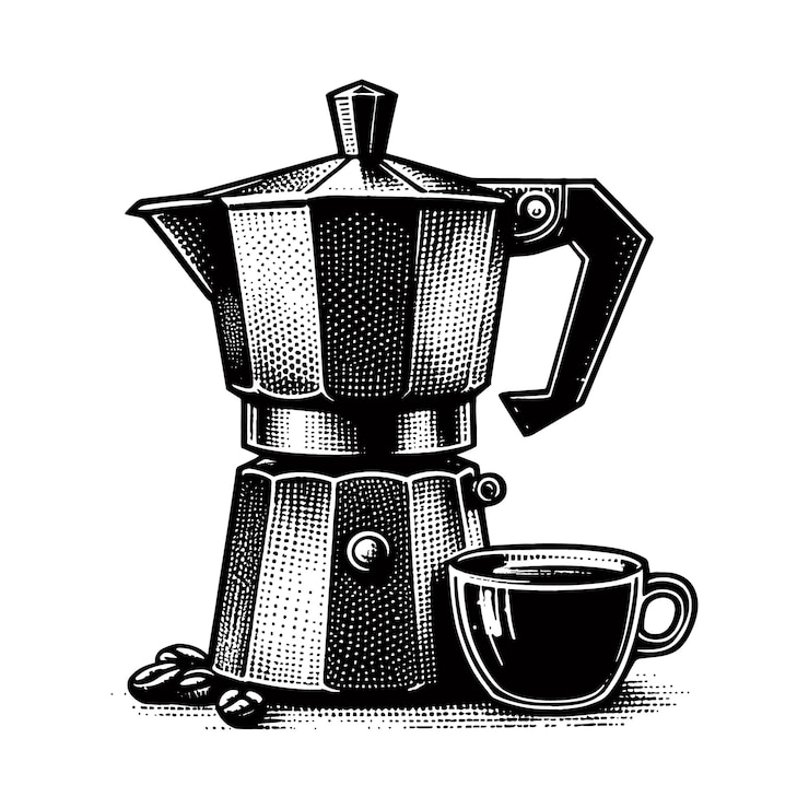 Vector un dibujo en blanco y negro de una cafetera y una taza de café