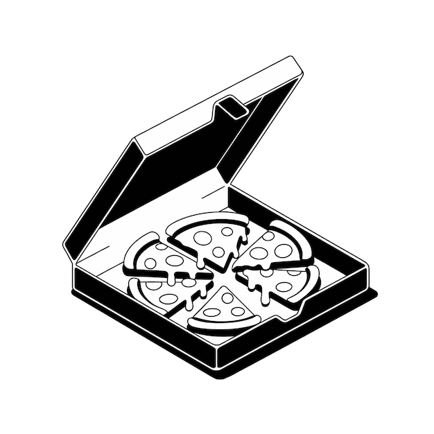 un dibujo en blanco y negro de una caja de pizza con pizza en el interior