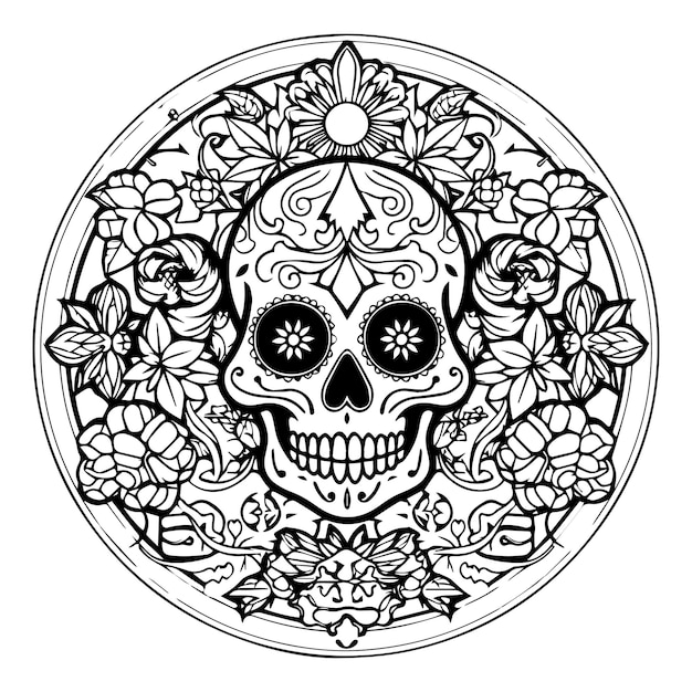 Dibujo en blanco y negro de una calavera para colorear