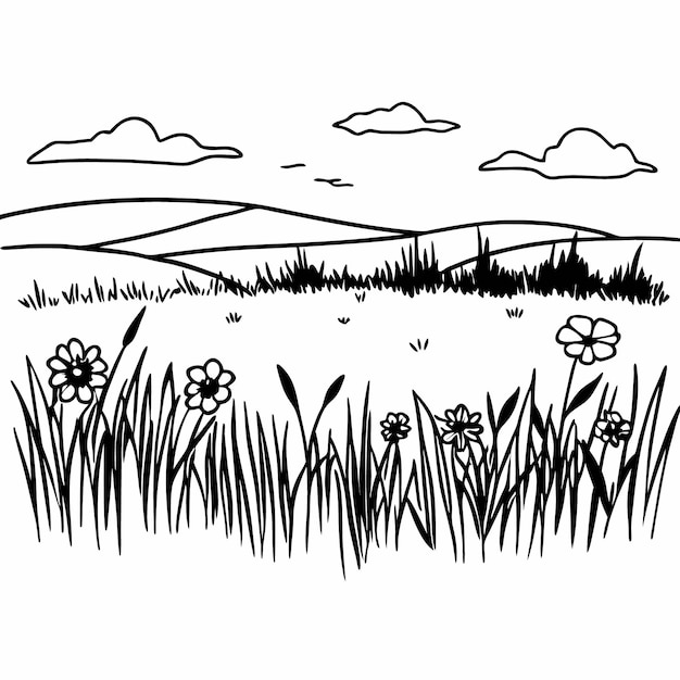 un dibujo en blanco y negro de un campo con flores y las palabras la palabra en él