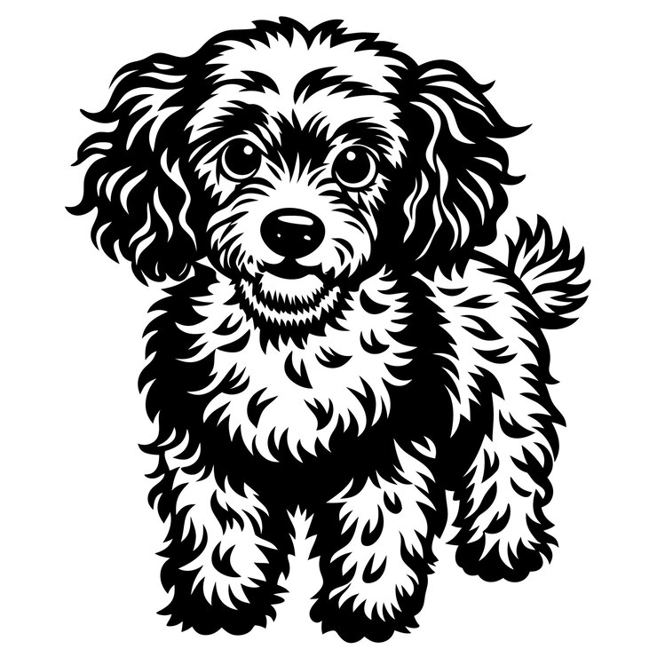 Un dibujo en blanco y negro de un caniche Ilustración vectorial de perro Linocut