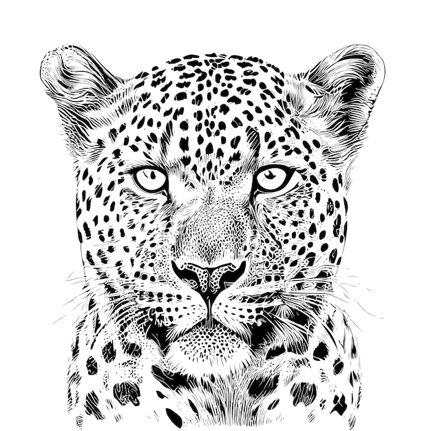 Vector un dibujo en blanco y negro de la cara de un leopardo.