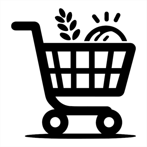 un dibujo en blanco y negro de un carrito de compras con una mujer en el fondo