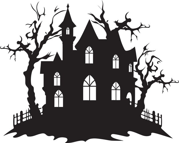 Vector un dibujo en blanco y negro de una casa embrujada con un árbol aterrador en el fondo