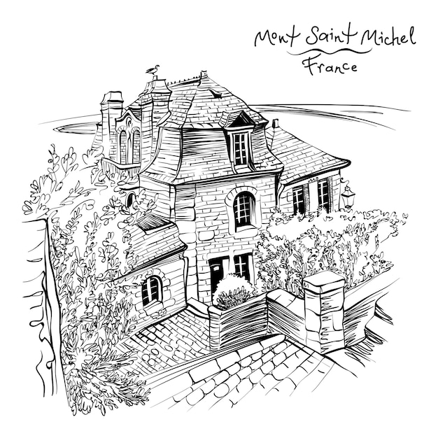 Dibujo en blanco y negro, una casa tradicional bretona dentro de los muros del Mont Saint-Michel, Bretaña, Francia.