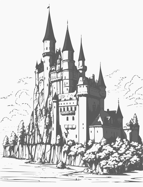 Dibujo en blanco y negro de un castillo con el nombre neuschwanstein en la parte superior.