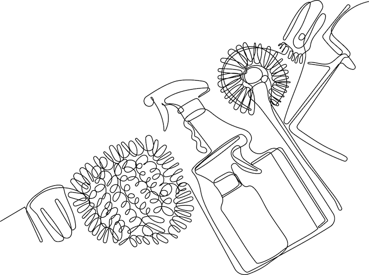 Vector un dibujo en blanco y negro de un cepillo una botella de jabón una botella de spray y una botella de spray