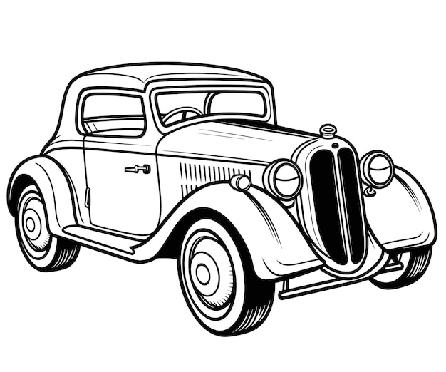 Un dibujo en blanco y negro de un coche clásico de época