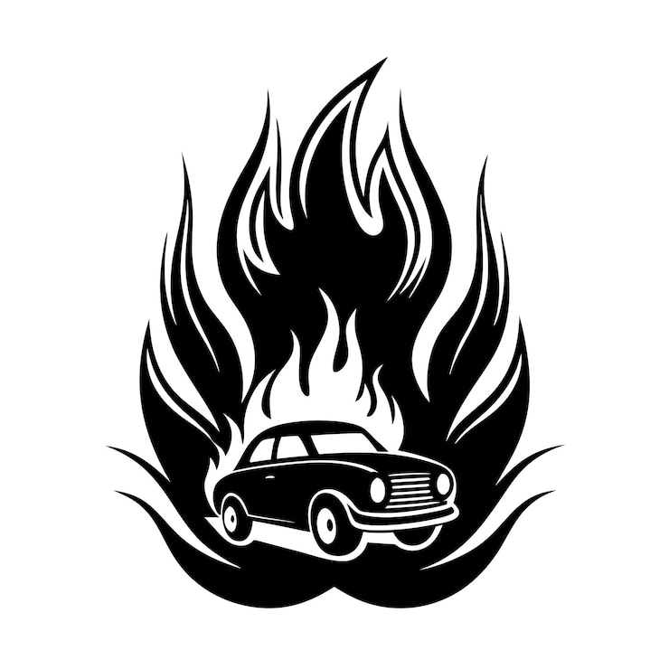 Vector un dibujo en blanco y negro de un coche en un incendio