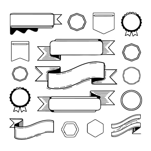 un dibujo en blanco y negro de una colección de etiquetas y cintas