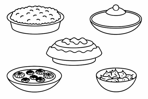 un dibujo blanco y negro de comida y un dibujo negro y blanco