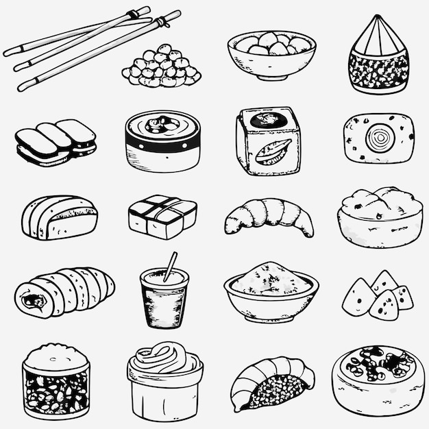 un dibujo en blanco y negro de comida incluyendo sushi y sushi