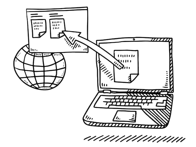 Vector un dibujo en blanco y negro de una computadora con una flecha apuntando a la derecha